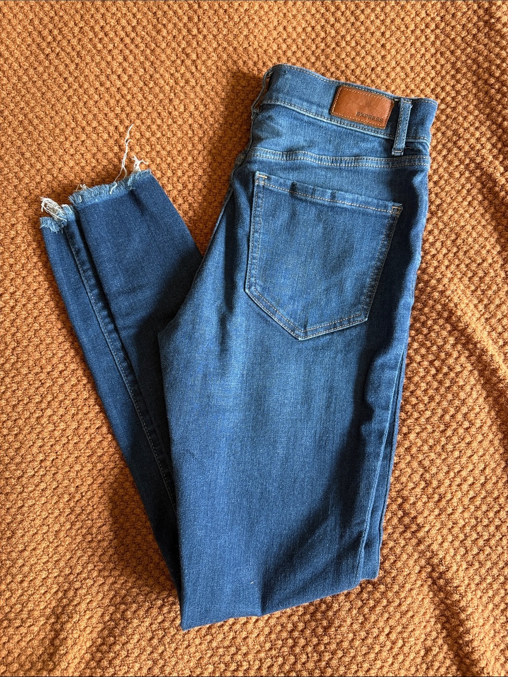 Express Dark Blue Ankle Skinny Jeans - Frayed Hem